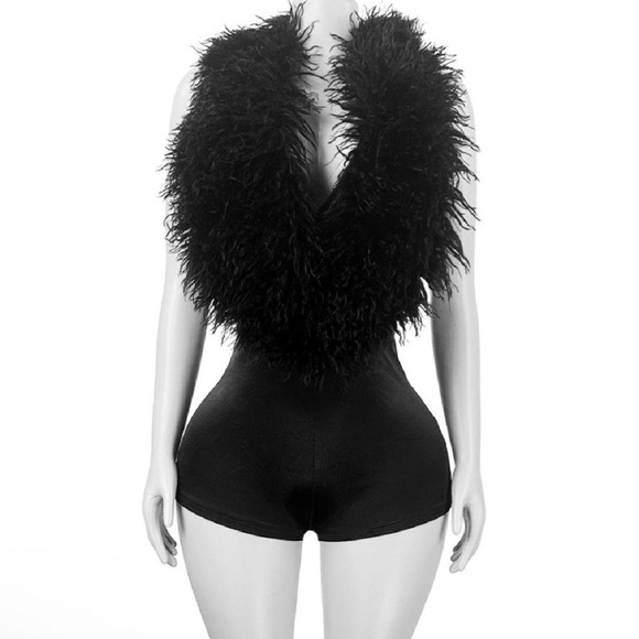 Baddie Black Faux Fur Halter Romper - Picture 1 of 3